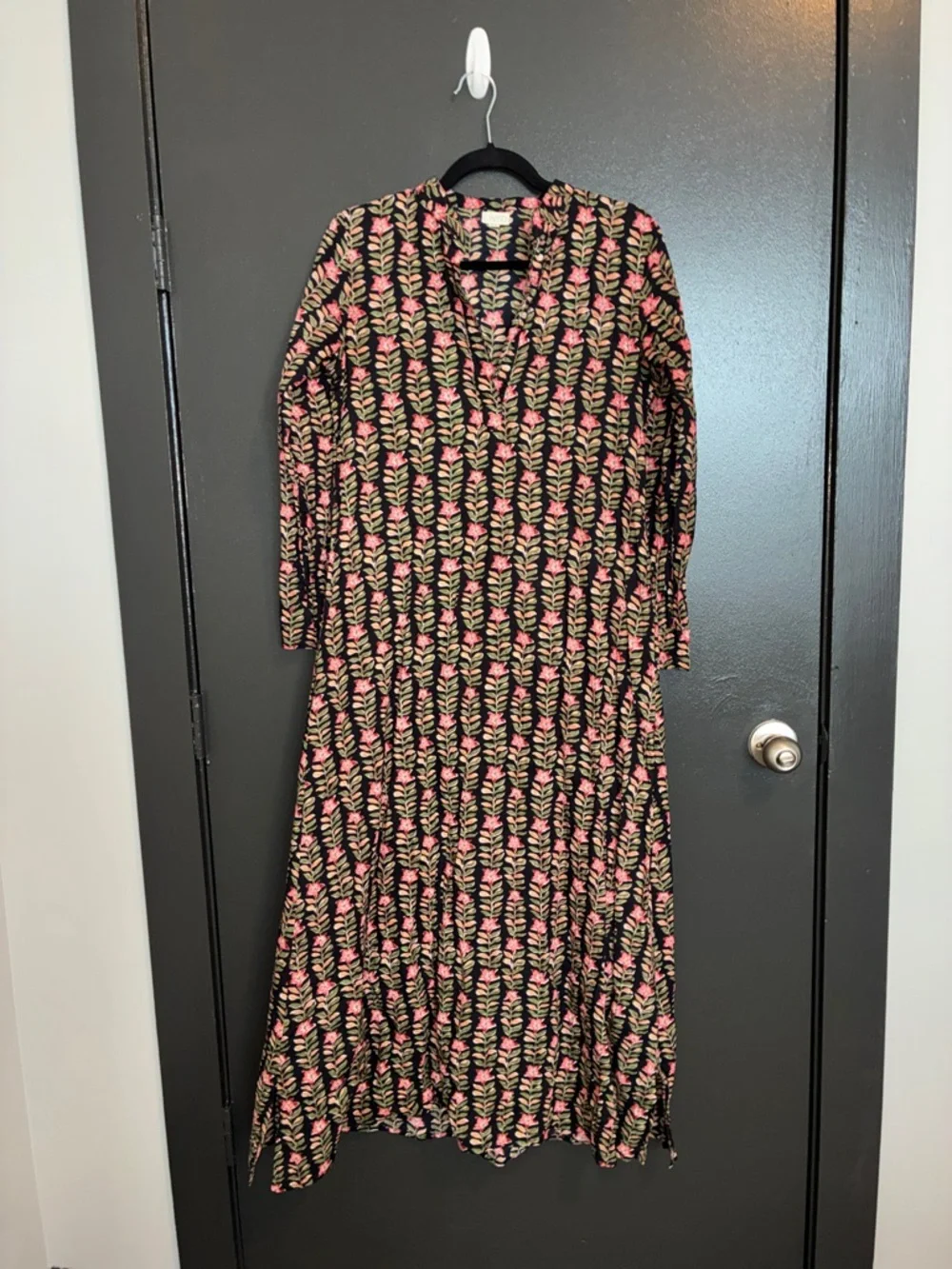 New Livro Floral Print Long Sleeve Maxi Cotton Dress - Black Pink & Green Sz XS